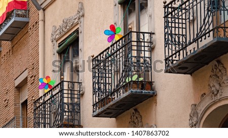 Picturesque and colorful balcony in Barcelona. Scenery picture. Facades. 