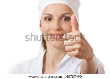 doctor showing thumbs up gesture, isolated on white background
