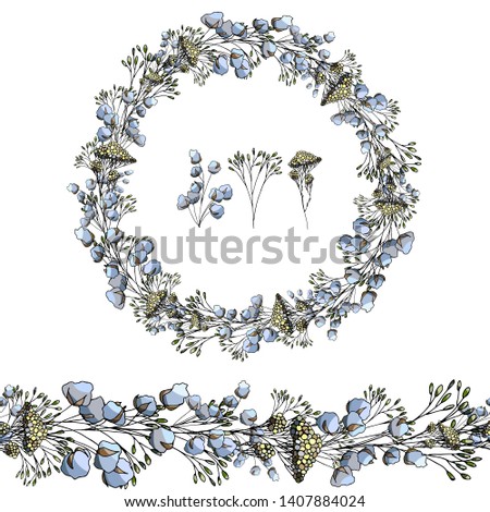 Branches, blades of grass, wreath, seamless brush