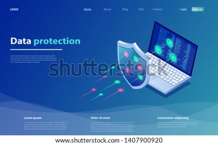 Data protection concept. Network data security. Safety, confidential data protection, concept with character saving code. Internet security isometric concept. Cyber security technology mechanism. Royalty-Free Stock Photo #1407900920