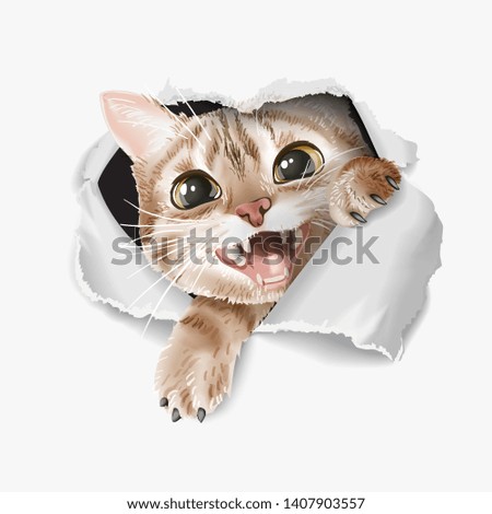 cartoon cute cat through ripped paper illustration