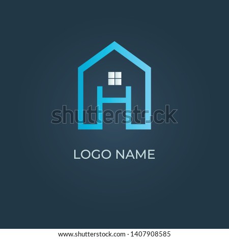 Blue home logo with letter alphabet H shape on isolated dark background