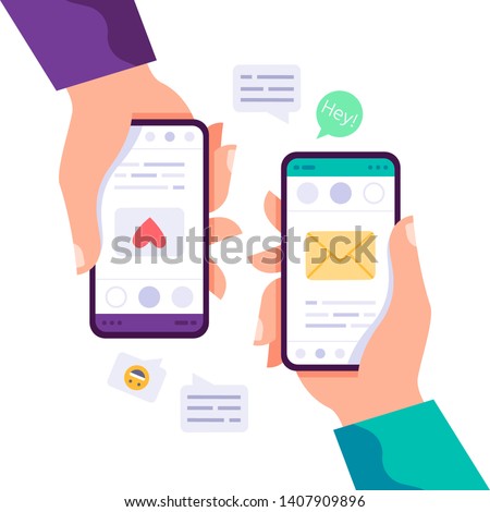 Two hands holding phone with message, icons and emoji. Communication concept on white background. Social networking concept. Vector flat cartoon illustration for web sites and banners design Royalty-Free Stock Photo #1407909896