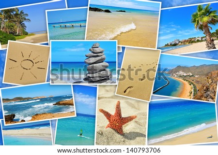 a collage of some pictures of different beaches of Spain, such as beaches of Canary Islands and Balearic Islands