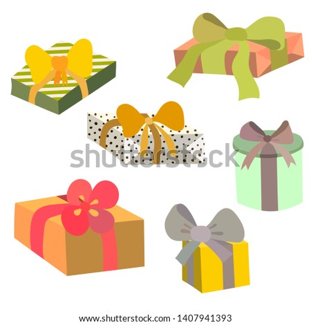Vector set of different cute cartoon gift boxes. Hand drawn style.Beautiful present box with  bow. Vector illustration.
