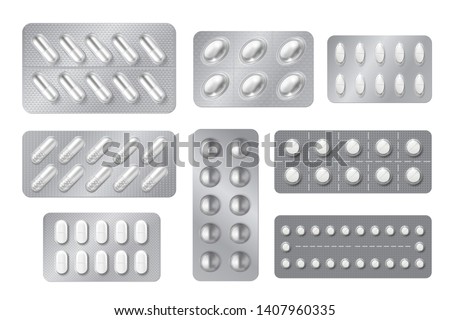 Realistic blisters. Medicine pill and capsule packs, white 3D drugs and vitamins isolated mockup. Vector pharmacy packaging tablet set Royalty-Free Stock Photo #1407960335