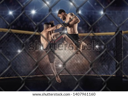 MMA boxers fighters fight in fights without rules in the ring octagons Royalty-Free Stock Photo #1407961160
