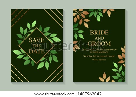 Floral wedding invitation design or greeting card templates with golden text and leaves on a dark green background.