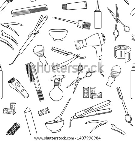 Barbershop. Set hairdressing related symbols. Hairdressing equipment and accessories.  Design elements of beauty salons and hair salons. Seamless pattern. Vector Royalty-Free Stock Photo #1407998984