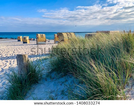 View of the sandy beach, traditional north german beach chairs and green beach grass on the island Fehmarn on Baltic sea Royalty-Free Stock Photo #1408033274