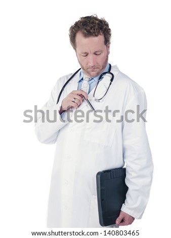 Doctor putting his pen in the pocket against white background