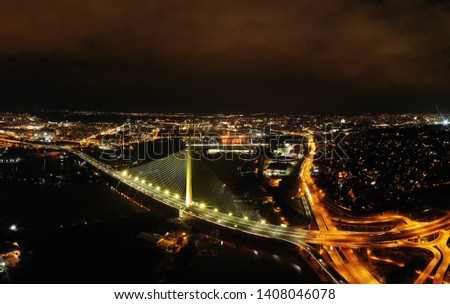 Panorama of Belgrade bridges by the night. Aerial view.