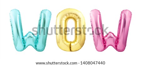 Word wow made of colorful inflatable balloon letters isolated on white background. Helium balloons forming word wow
