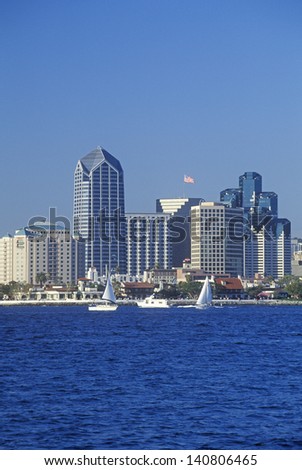 Sailboats and San Diego skyline as seen from Coronado, San Diego, California