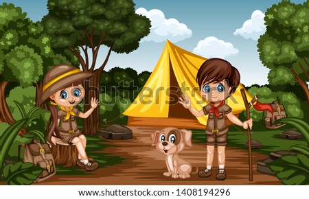 Cartoon Kids Camping in a Rainforest. Little Cute Scouts with Little Brown Dog, Backpacks and Tent next to the Campfire. Adventures, Park, Camping, Forest, Summer Camp