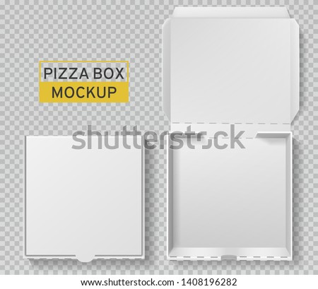 Pizza box. Open and closed pizza pack, top view paper white carton mockup, meal delivery, fast food lunch realistic vector packaging template