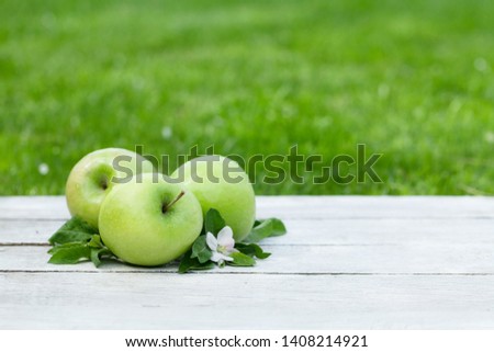 Fresh garden green apples. On outdoor table with copy space for your text