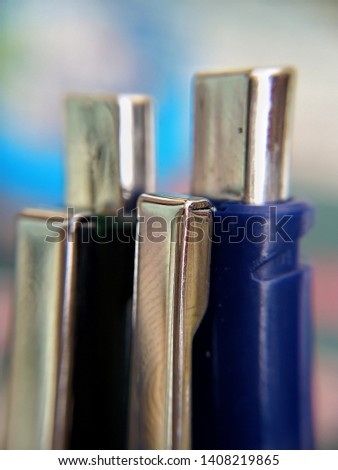 Extremely close up of pen head clip for pocket. Selective focus.