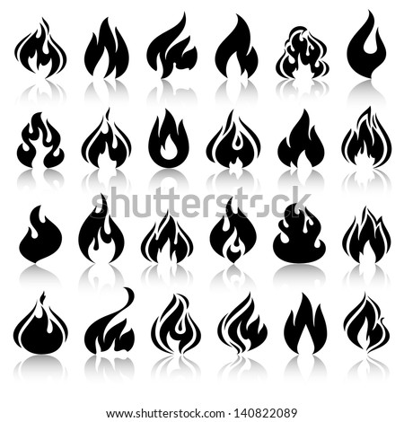 Fire flames, set icons with reflection, vector illustration