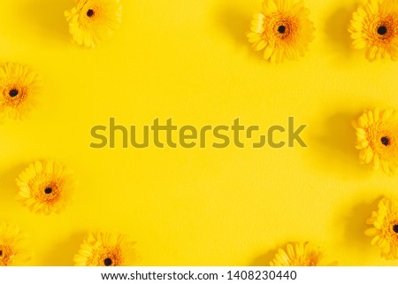 Flowers composition. Yellow gerbera flowers on yellow background. Flat lay, top view, copy space