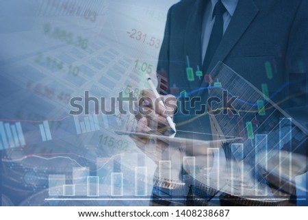 Stock market analysis, financial investment, business trading concept. Double exposure of businessman using digital tablet, money and cityscape with financial graph on building background