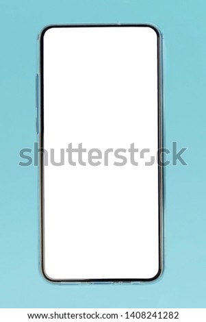 Blank smartphone with space place for text on a blue background. Empty mockup phone