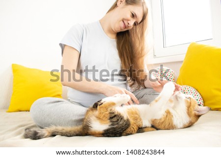 happy pregnant woman stroking a cat. The concept of childbirth, prenatal medicine, motherhood.