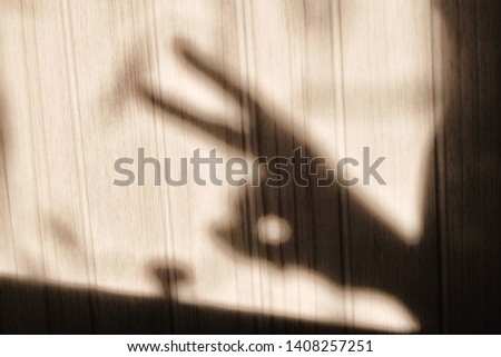Shadow hands in the form of a Bunny. Fingers show a rabbit on a wooden background. Female hand in the shape of a hare.