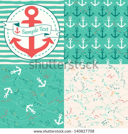 Vector set of four nautical seamless patterns, marine symbols. Use to create quilting patches or seamless backgrounds for various textile and craft projects.