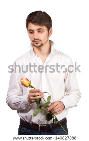 man with rose, isolated on white background.