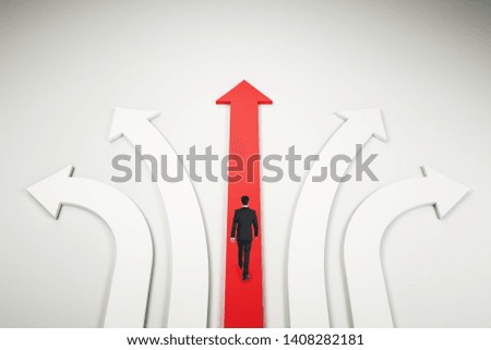 Businessman walking on abstract white and red arrows on light background. Different direction and choice concept. 3D Rendering 