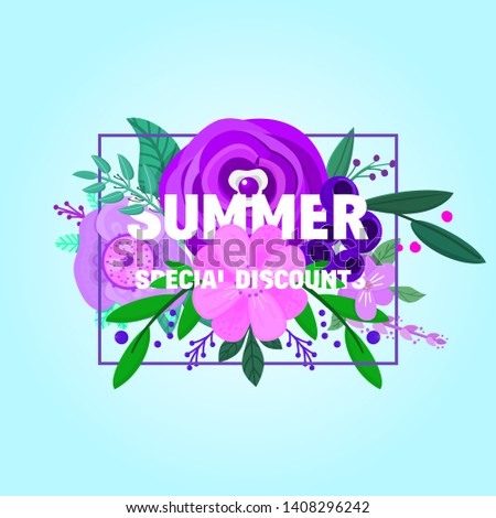 Summer sale banners decorate with flowers and plants. Isolated objects