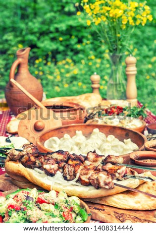 Shashlik, khinkali, salad. Georgian food on nature background. Vintage style toned picture