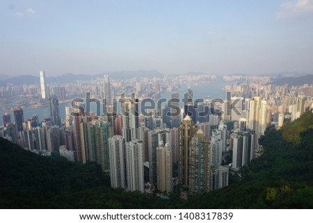 View from Victoria Peak in Hong Kong of the city and harbour below