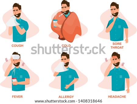 Set of sick people feeling unwell, cough, having cold, sore throat, fever, allergy and, headache. vector illustration cartoon character isolated on white background. Royalty-Free Stock Photo #1408318646
