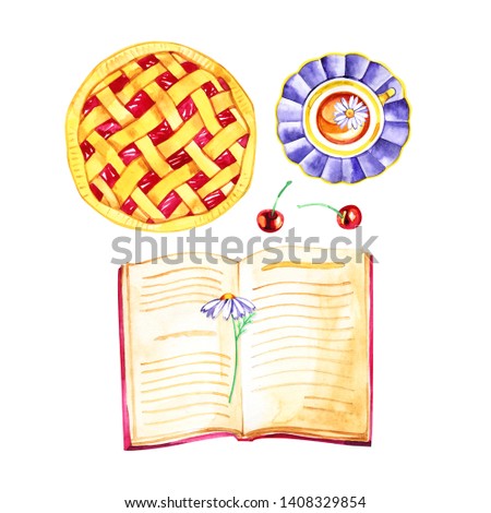 Composition with watercolor book, tea and cherry pie on white background. Watercolor pencils illustration