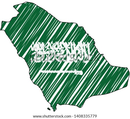 Saudi Arabia map hand drawn sketch. Vector concept illustration flag, childrens drawing, scribble map. Country map for infographic, brochures and presentations isolated on white background. Vector