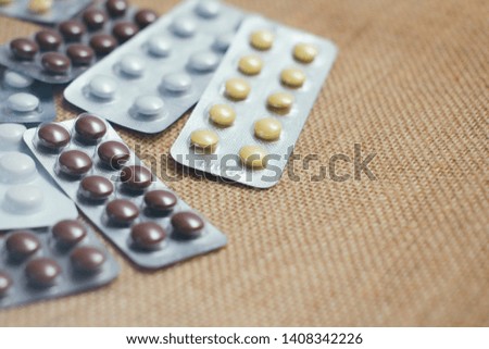 Set of plastic blisters. Different pills. First aid kit. Medical concept.