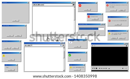 Old user interface windows. Retro browser and error message popup Royalty-Free Stock Photo #1408350998