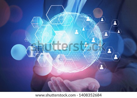Hand of man with hovering planet hologram, digital screens and social connection icons. Concept of telecommunication. Toned image double exposure. Elements of this image furnished by NASA
