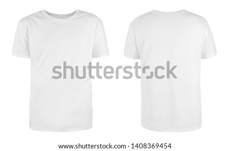Men's white blank T-shirt template,from two sides, natural shape on invisible mannequin, for your design mockup for print, isolated on white background. Royalty-Free Stock Photo #1408369454