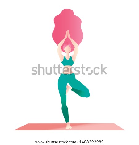 Woman long hair practice yoga tree pose. Sporty girl with long hair isolated on white yoga exercise pose. Flat character design. Indigo fashion colors. Vector illustration