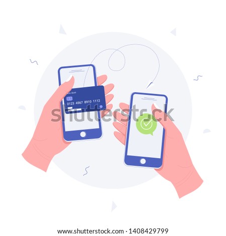 Money transaction online concept. Mobile payments using smartphone. Hand holding a mobile phone and credit card transfer on screen. Trendy flat style. Vector illustration. Royalty-Free Stock Photo #1408429799