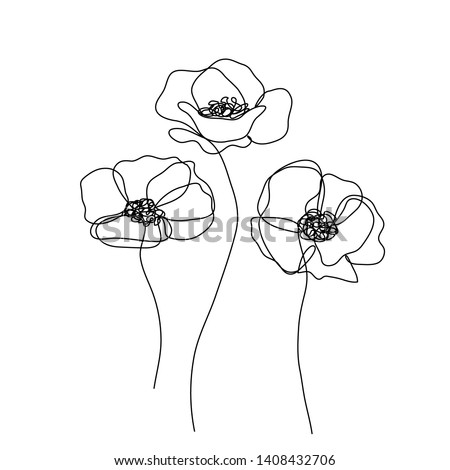 Poppies flowers continuous line drawing. Editable line. Black and white art Royalty-Free Stock Photo #1408432706