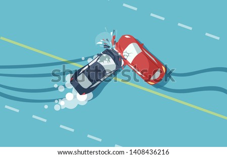 Vector of two car accident top view of vehicle collision on blue background Royalty-Free Stock Photo #1408436216