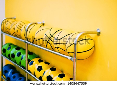 sports balls are in a row on the rack. blurred background