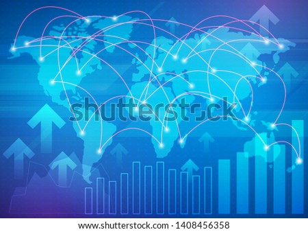 Business finance pie chart, rising arrow and technology elements on blue background,vector illustration. Network connection on world map concept design.