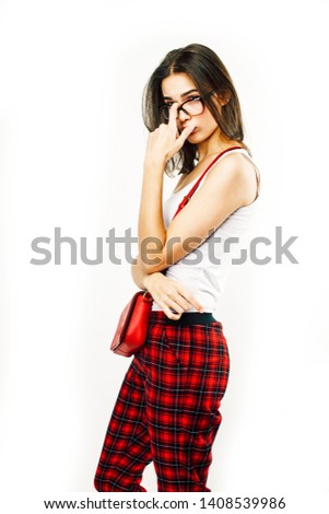young pretty stylish brunette hipster girl in glasses  posing emotional isolated on white background happy smiling cool smile, lifestyle people concept 
