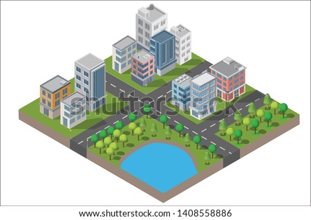 Isometric Building vector. Three building on Yard with road and trees.smart city and public park.building 3d,cars,capital , Vector office and metropolis concept.