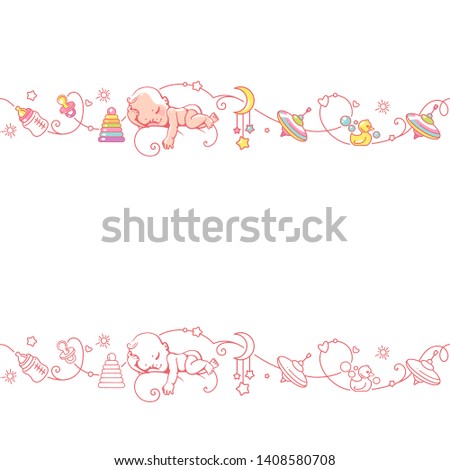 Seamless border with sleeping  baby and toys. Cute little baby in diaper sleep on cloud  with baby objects isolated. Endless baby border. Color vector illustration. Line pattern. Design template.